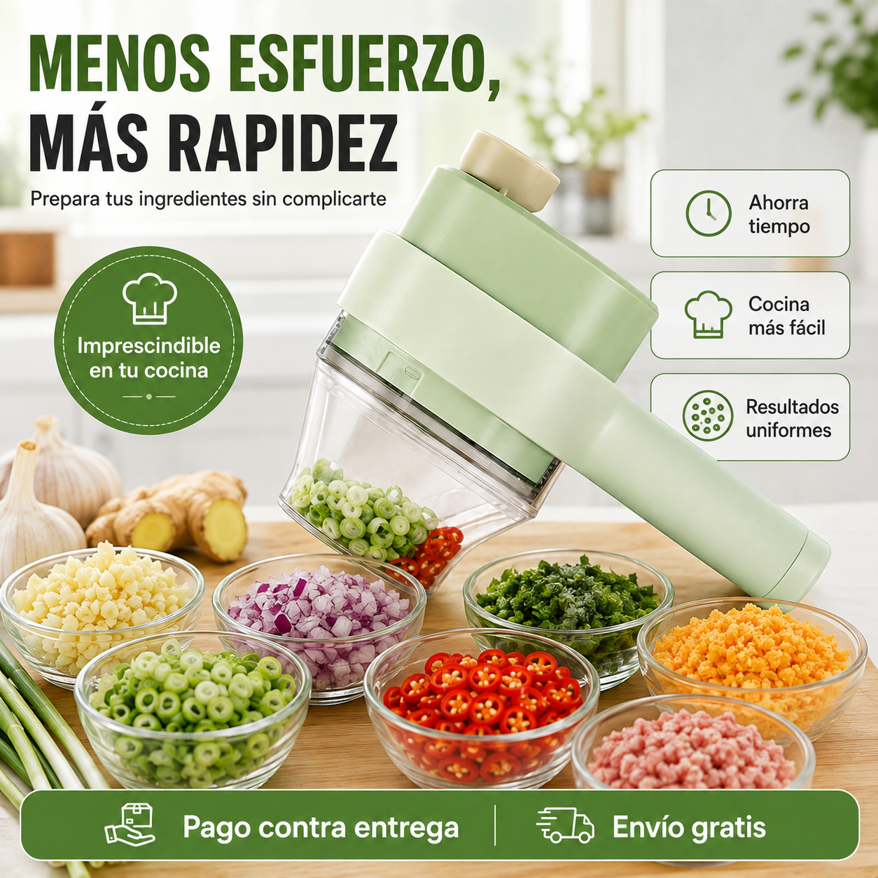 Cortador Eléctrico 4 en 1 — Ajo, Cebolla y Verduras Listos en Segundos