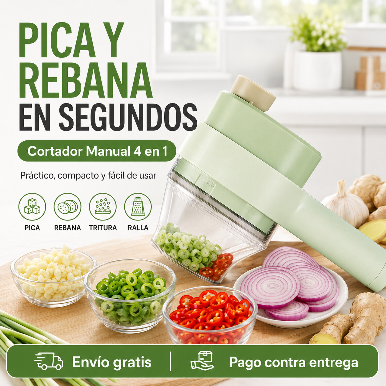 Cortador Eléctrico 4 en 1 — Ajo, Cebolla y Verduras Listos en Segundos