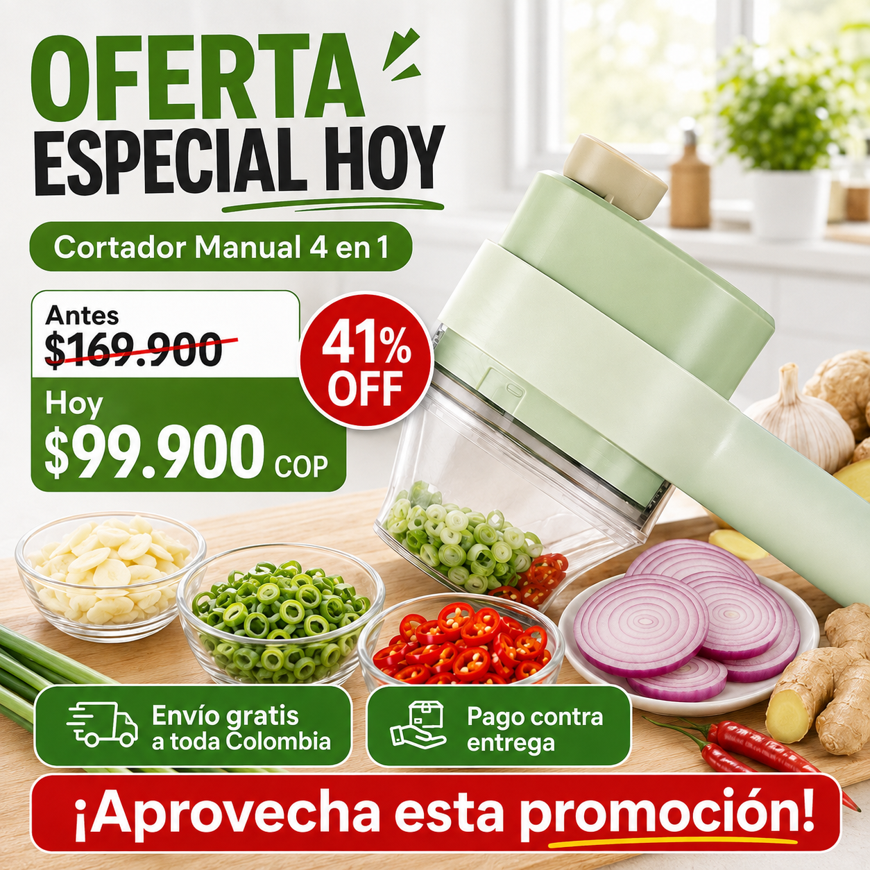 Cortador Eléctrico 4 en 1 — Ajo, Cebolla y Verduras Listos en Segundos