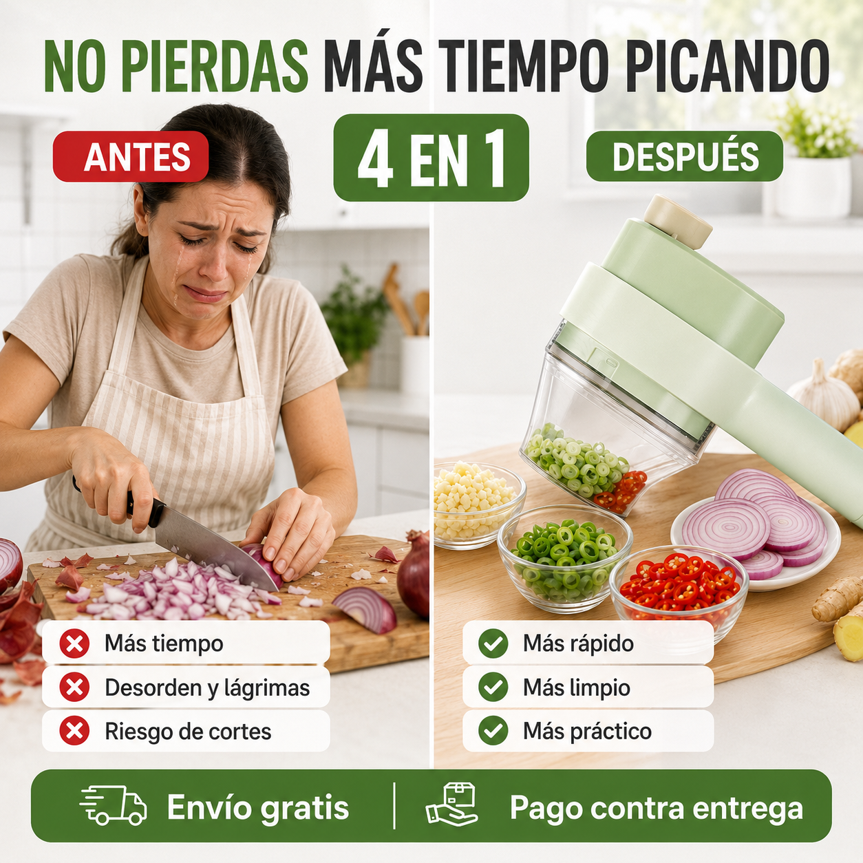 Cortador Eléctrico 4 en 1 — Ajo, Cebolla y Verduras Listos en Segundos