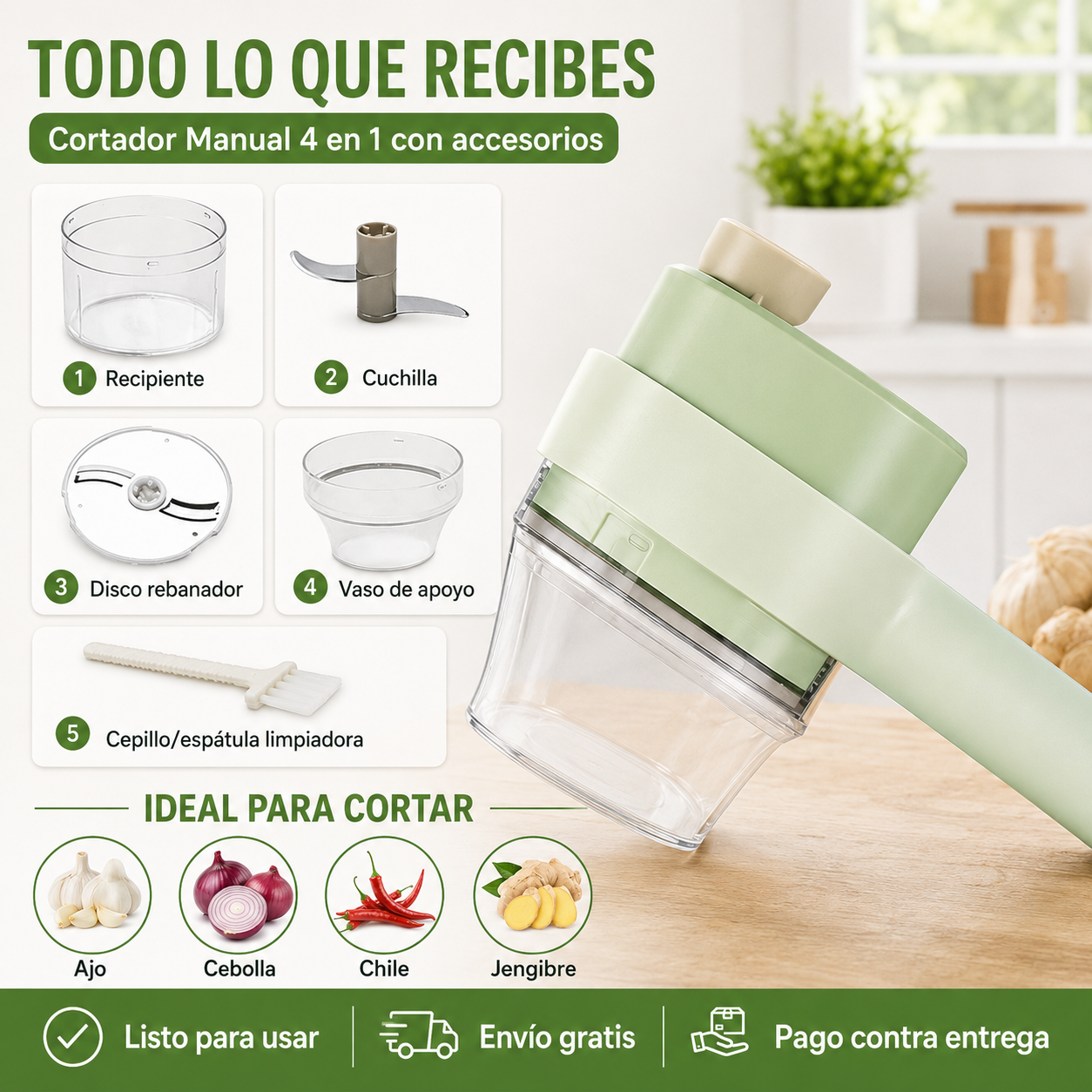 Cortador Eléctrico 4 en 1 — Ajo, Cebolla y Verduras Listos en Segundos