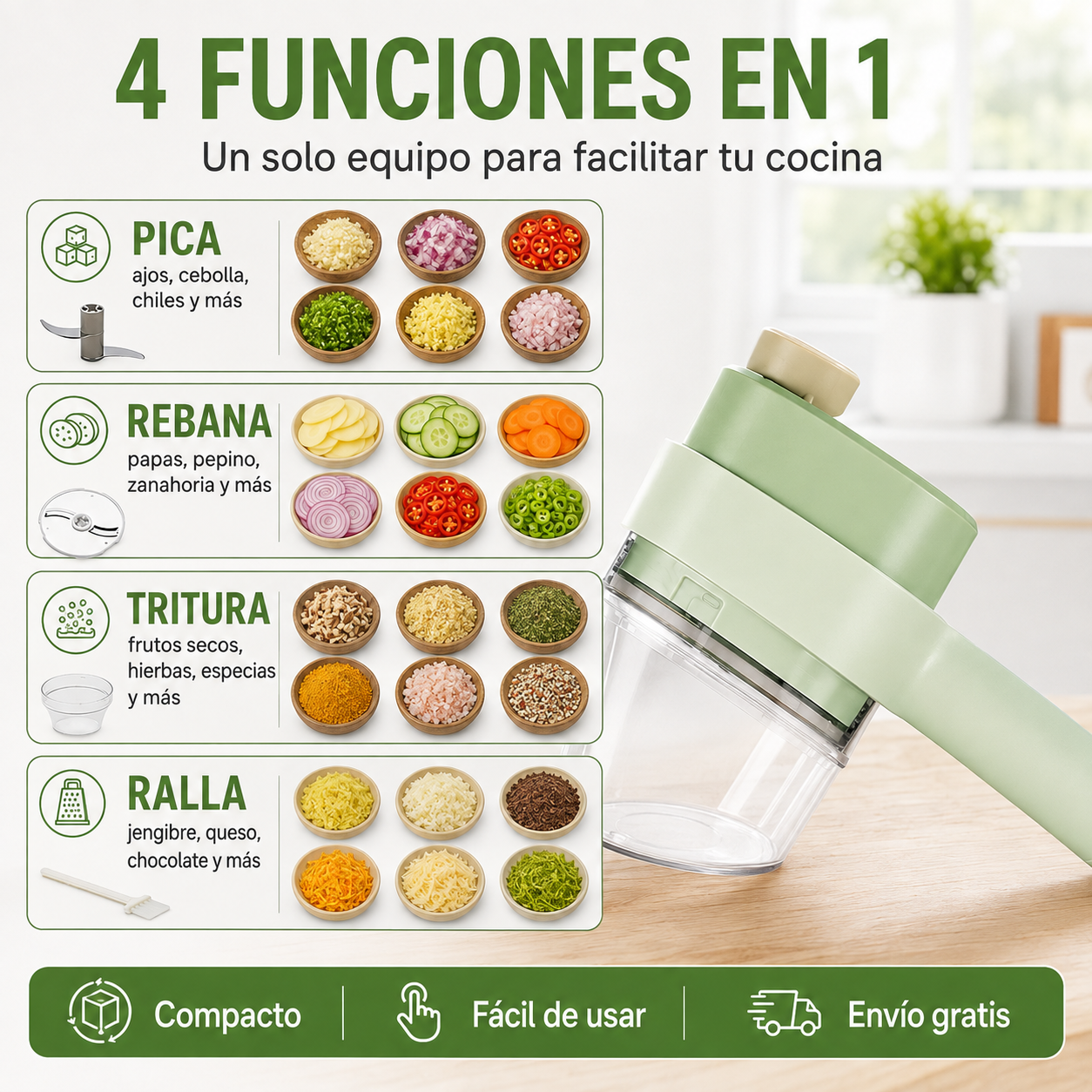 Cortador Eléctrico 4 en 1 — Ajo, Cebolla y Verduras Listos en Segundos