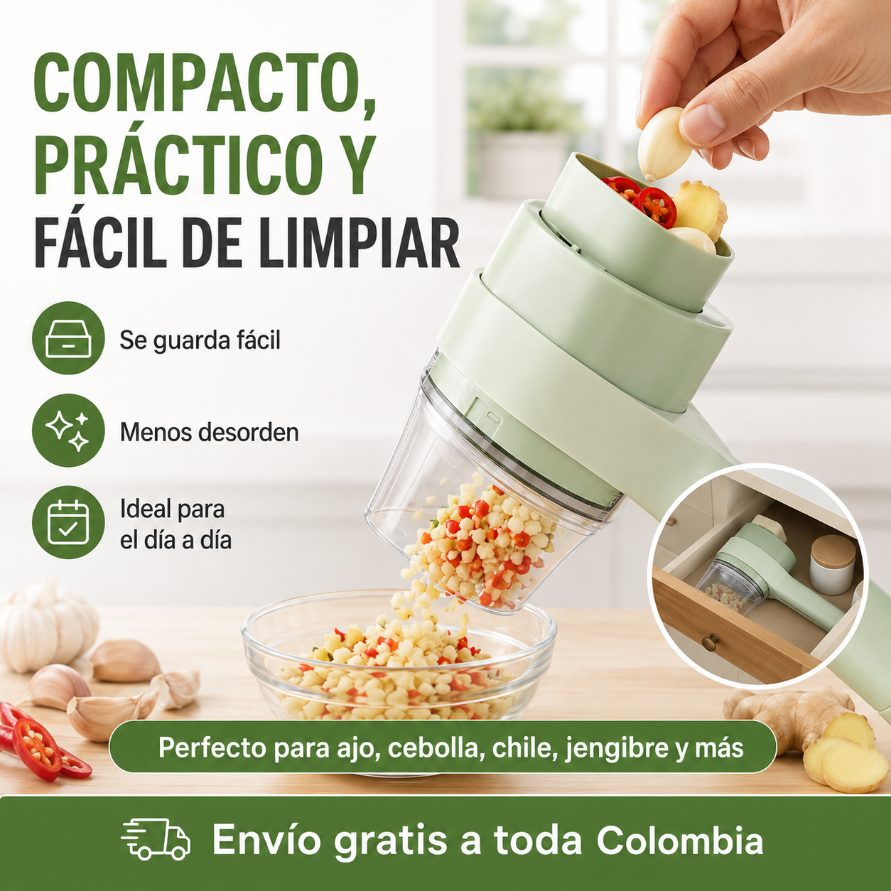 Cortador Eléctrico 4 en 1 — Ajo, Cebolla y Verduras Listos en Segundos
